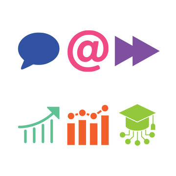 This 2x3 grid contains 6 vector icons, including a speech bubble, @ symbol, arrows, bar charts, and an EdTech graduation cap. These colorful, flat assets are ideal for analytics and web UI.