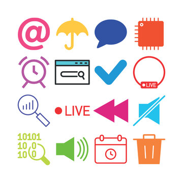 16 flat, vibrant vector icons representing various digital tools and controls. The set includes symbols for media playback, data analysis, scheduling, system management, and communication