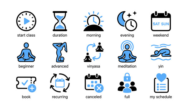 Yoga class icons showing schedule, levels and styles on white