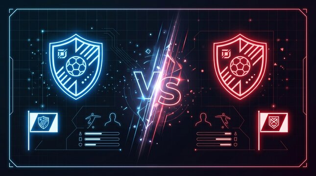 Dynamic digital illustration of a soccer match preview with blue and red team shields, highlighting competition and rivalry.