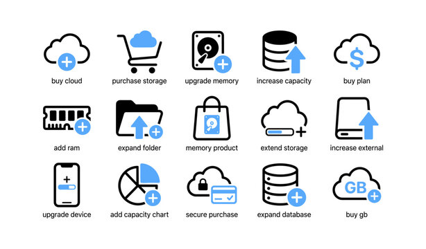 Cloud and storage icons for purchase and capacity options on white