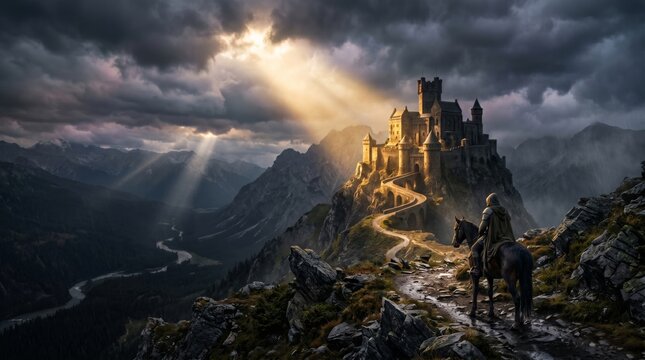 A lone knight in medieval armor stands on a rocky path, overlooking a majestic castle bathed in dramatic sunlight.