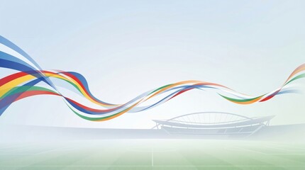 Fototapeta premium Colorful ribbons sway in the air against a minimalist stadium backdrop, evoking a dynamic atmosphere in sports.