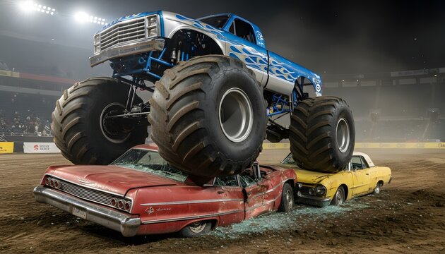 A massive blue monster truck crushing old cars during an intense live arena show, representing power and destruction concept with dramatic stadium lighting