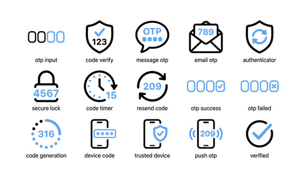 Otp authentication icons showing code verification on grid