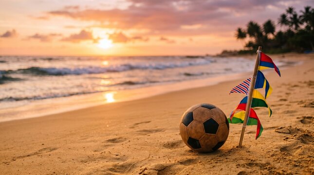 A weathered soccer ball rests on a sandy beach, adorned with colorful flags, as the sun sets over the calm waves.