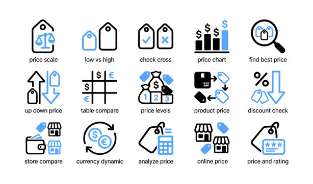 Pricing and comparison icons showing tags charts on white grid