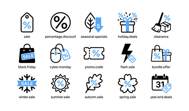 Assorted sale and discount icons arranged in grid on white background