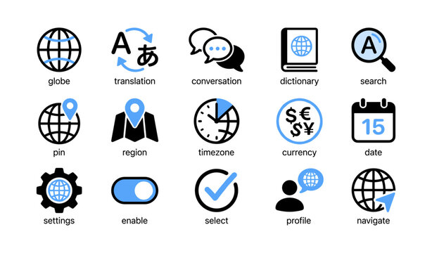 International language and location icons arranged on white background