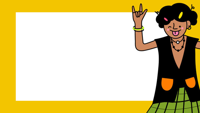 Playful cool kid character on a dull yellow frame design element