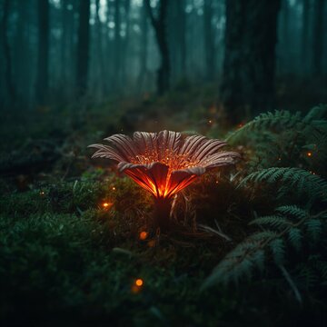 Magical glowing fern flower blooming in a dark misty forest, mythical Slavic folklore flower with orange bioluminescence, fantasy nature.