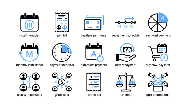 Set of payment icons showing bill split and installment plans