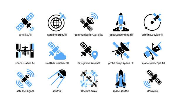 Space and satellite icons arranged in a grid on white background