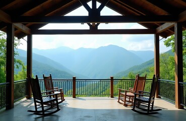 Obraz premium Wooden rocking chairs on covered porch offer scenic mountain views. Relaxing landscape with green forest and hazy blue peaks. Peaceful retreat for rest and contemplation.