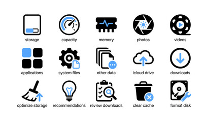 Fototapeta premium Storage and system icons arranged on white background