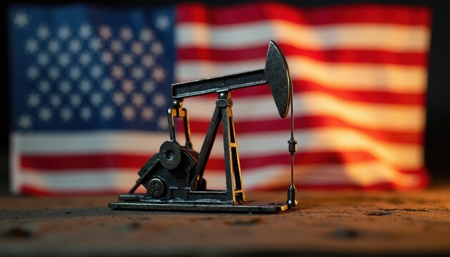 Miniature oil pump jack on table before US flag. Represents American oil industry, energy sector economy and natural resources extraction. Oil rig model symbolizes petroleum production.