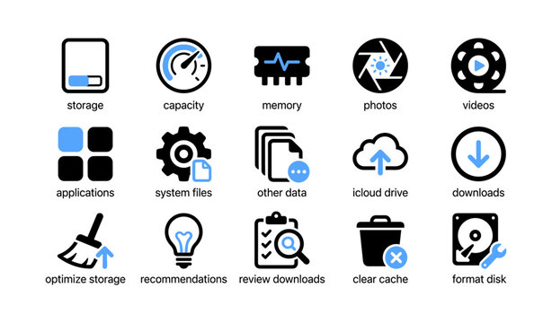 Storage and system icons arranged on white background