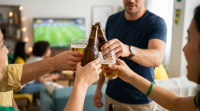 Closeup de amigos brindando cerveja durante comemora&ccedil;&atilde;o emocionante relacionada ao futebol brasileiro contempor&acirc;neo