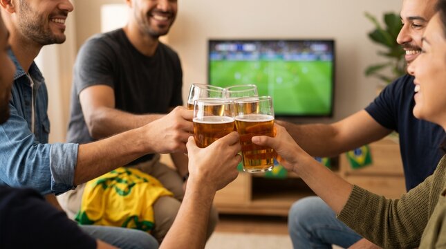 Closeup de amigos brindando cerveja durante comemora&ccedil;&atilde;o emocionante relacionada ao futebol brasileiro contempor&acirc;neo
