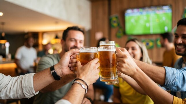 Closeup de amigos brindando cerveja durante comemora&ccedil;&atilde;o emocionante relacionada ao futebol brasileiro contempor&acirc;neo