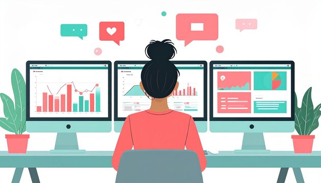 SNS分析する女性マーケターのフラットデザインイラスト
