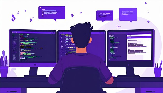 3画面でコードを書くプログラマーのフラットデザインイラスト