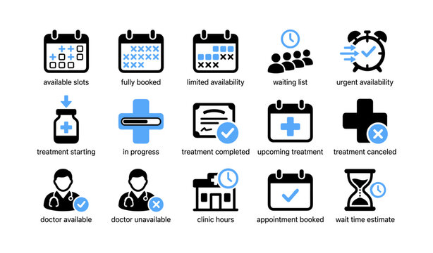 Medical appointment and treatment status icons on white background