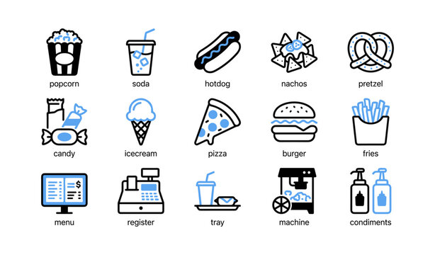 Concession stand food and service icons in grid layout