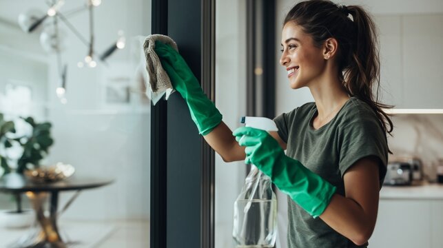 Happy woman actively cleaning glass window at home, smiling while wiping pane with cloth and spray bottle, maintaining hygiene and spotless surfaces for domestic chore
