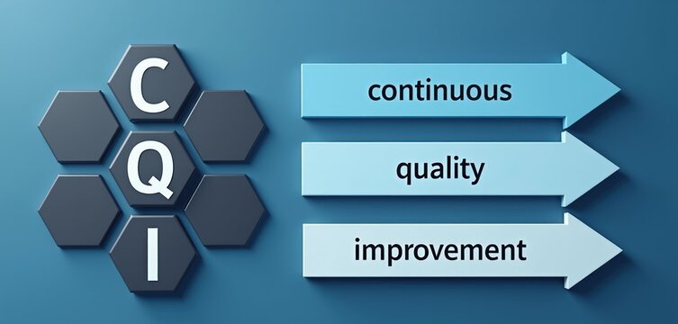 CQI graphic shows continuous quality improvement process flow. Hexagons with C Q I letters and arrows indicate stpic. Blue backdrop emphasizes progress. Business concept.