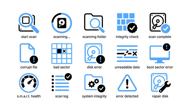 Disk scan icons showing results and errors on white background