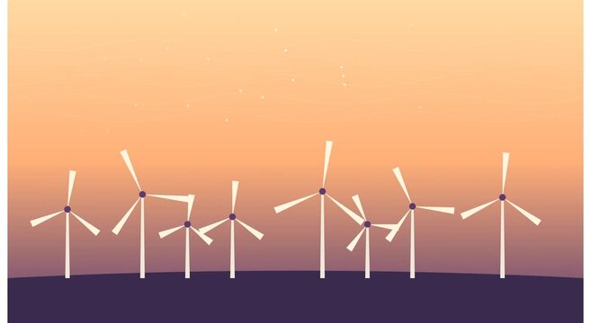 Wind farm renewable energy animation at sunset flat animation