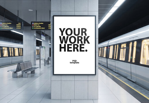Framed poster Mockup on the wall in the subway