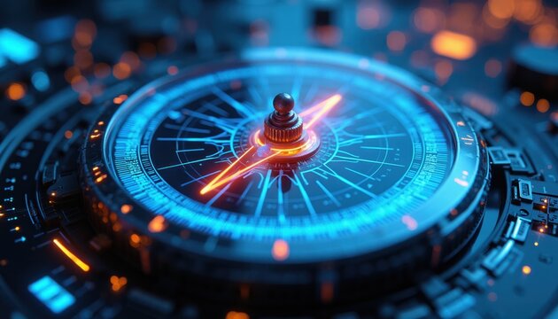 Close-up futuristic compass glows blue and orange. Digital technology guiding path, navigating future, finding direction in complex system. High tech device search. Guidance navigation device.