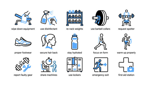 Gym safety icons showing cleaning and workout precautions