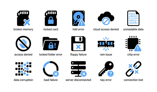 Data storage error and access denied icons arranged in grid