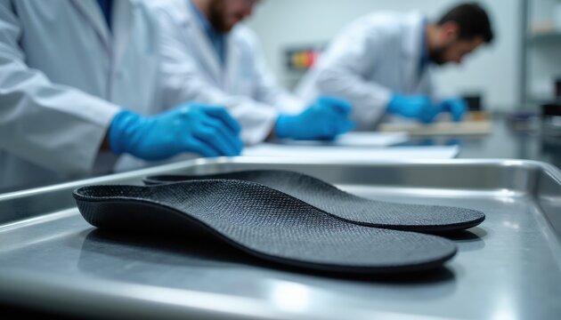Lab workers with blue gloves prepare carbon fiber shoe inserts on metal tray. Podiatrists create custom foot orthotics for arch support. Medical team at prosthetics lab.