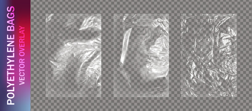 Realistic set of transparent plastic polyethylene bags overlay. Wrapping packaging vinyl texture. Vector illustration
