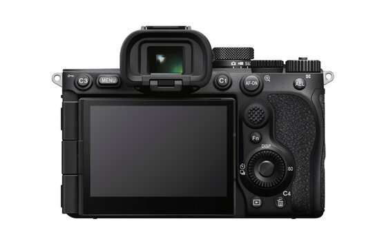 Photorealistic detailed black modern digital mirrorless camera mockup isolated on white background. Back view. Vector illustration