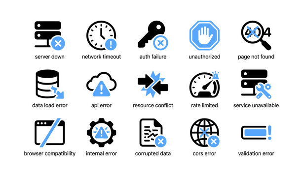 Server and network error icons arranged in a grid on white background