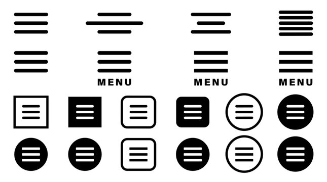 A collection of various hamburger menu icons in different styles, including simple lines, within shapes, and with the word "MENU" for user interface design.