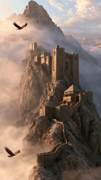 Mystical alamut fortress rising through fog in serene mountain landscape