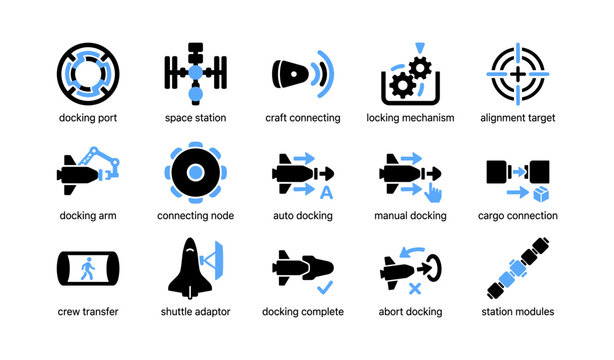 Spacecraft docking and station icons arranged on white background