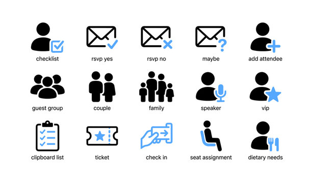 Event attendee and rsvp icons arranged in grid on white background