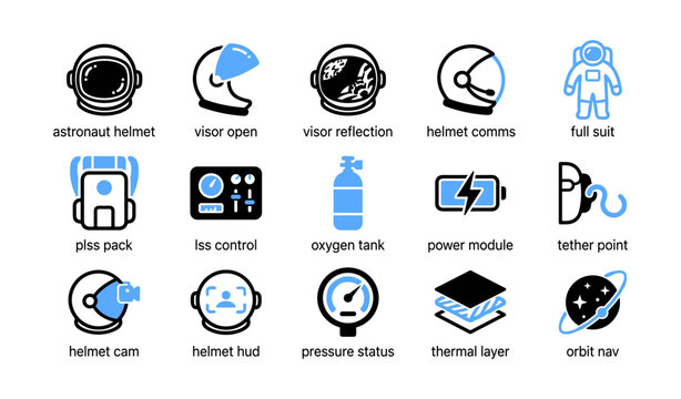 Astronaut helmet and suit icons arranged in a grid