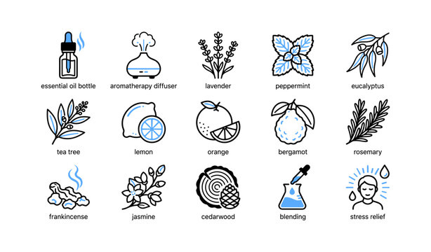 Essential oil and aromatherapy icons arranged on white grid