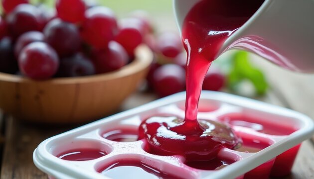 Red grape juice pours from pitcher into ice cube tray. Fresh grapes sit in wooden bowl nearby. Process creates frozen juice treats for refreshing drinks.