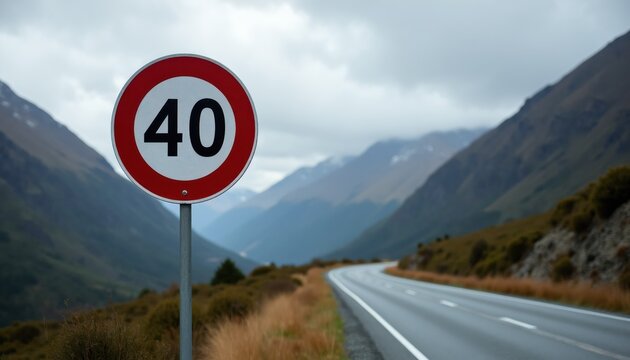 Speed limit sign 40 on winding mountain road with overcast sky. Sign indicates 40 kmh limit on scenic route through hillsides. Travel, caution and road rules advice.