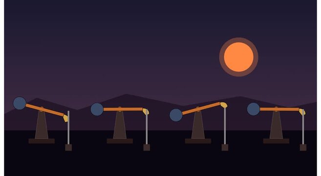 Animated oil pumpjacks working at sunset flat animation