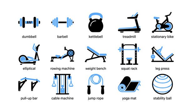 Fitness equipment icons showing machines and weights on white
